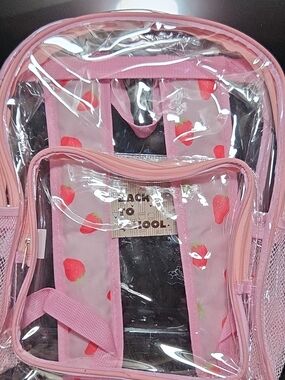 Clear Pink Kids Backpack with Strawberry Print